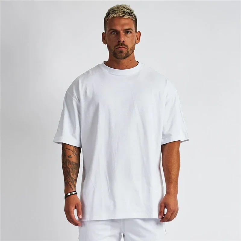 Solid Color Gym Running Sport Clothing Fitness Oversized Loose Cotton Shirt Men Hip Hop Short Sleeve Bodybuilding Muscle T-shirt