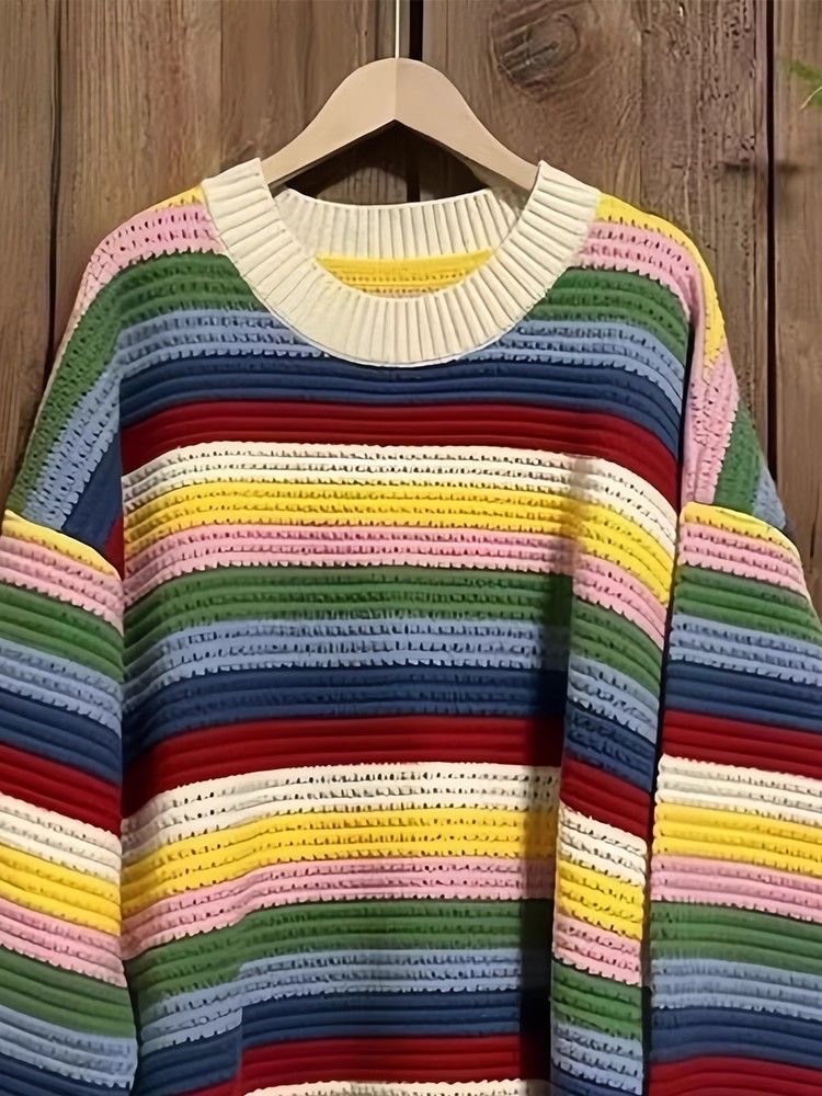 2024 Rainbow Stripe Long Sleeve Knitted Sweater